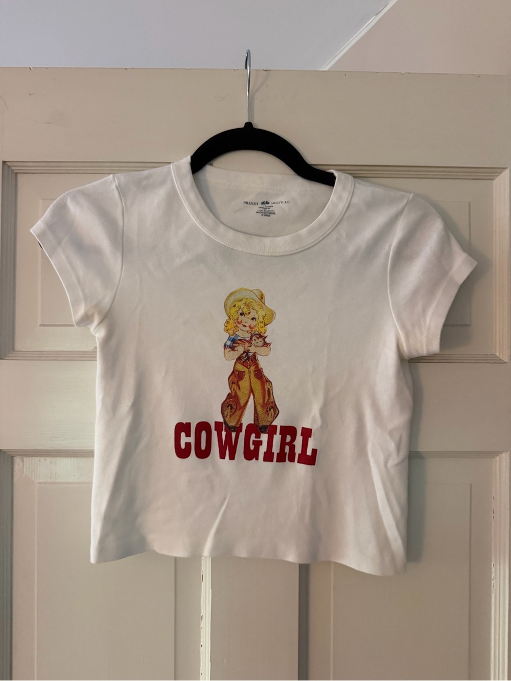 Brandy Melville White Cowgirl Graphic Tee with Red Text